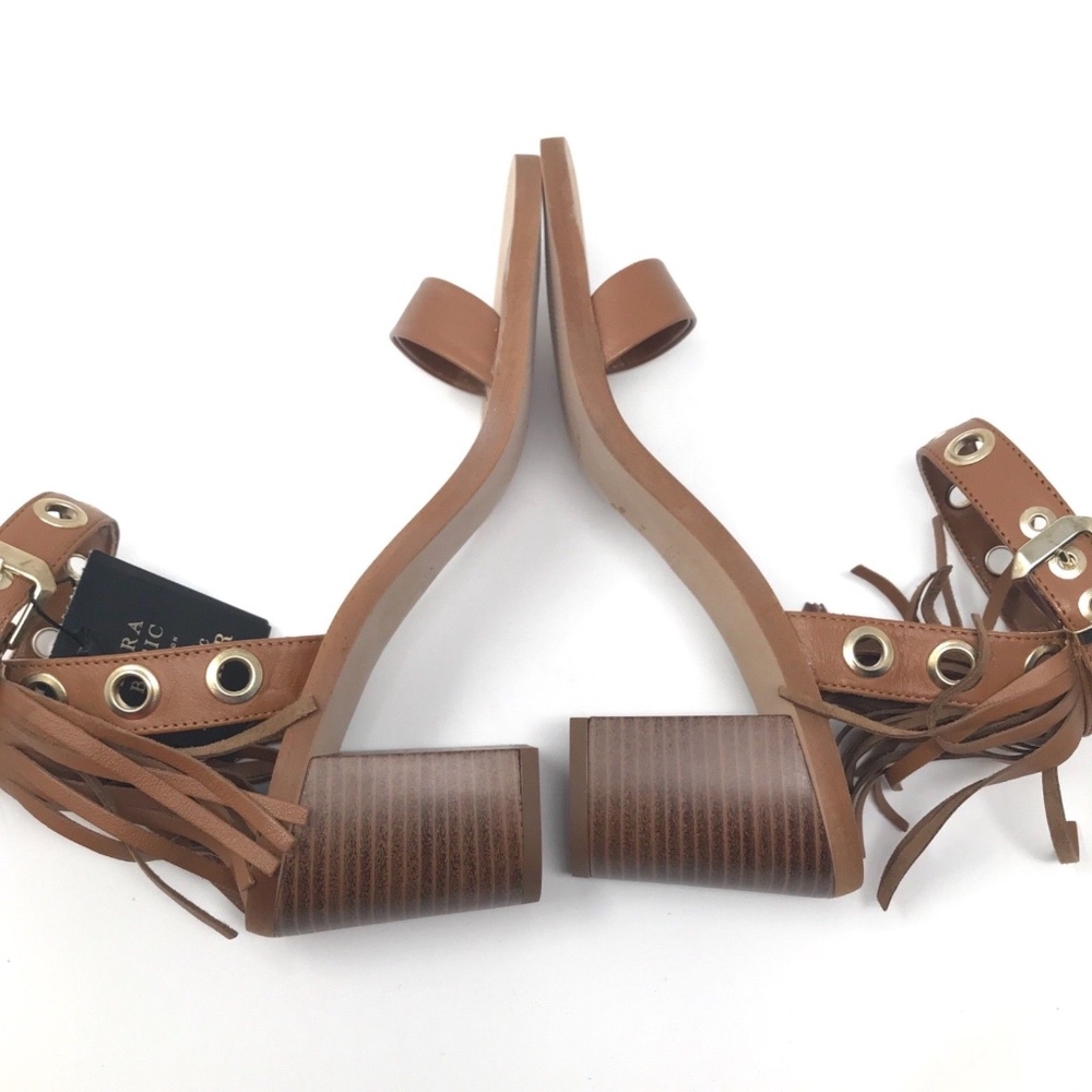 Zara Brown Leather Fringe Grommet Strappy Sandals - Picture 7 of 8